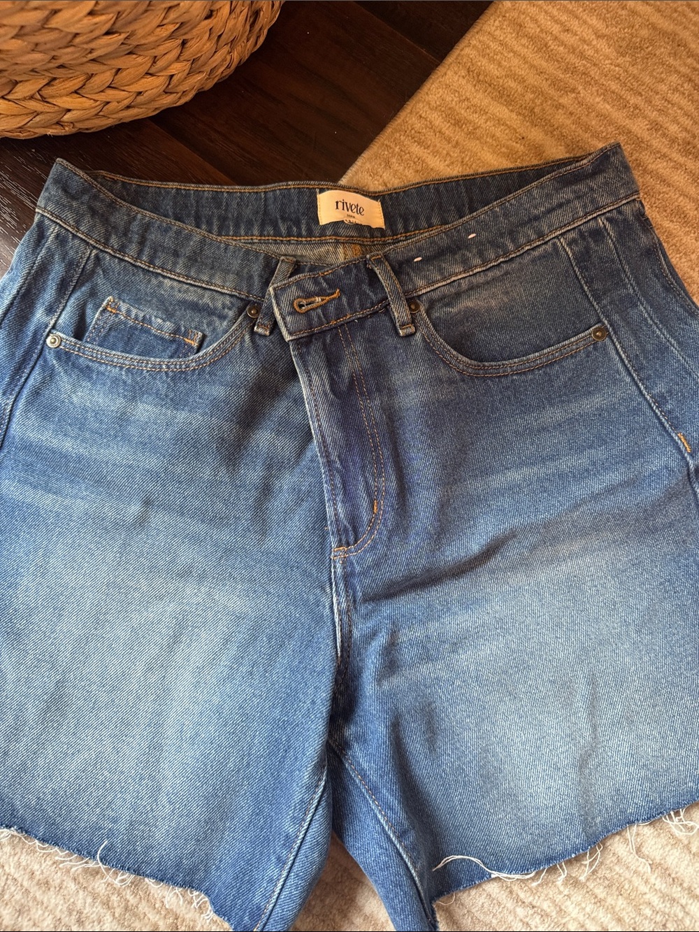 LOFT High-Rise Cutoff Denim Shorts in Faded Blue
